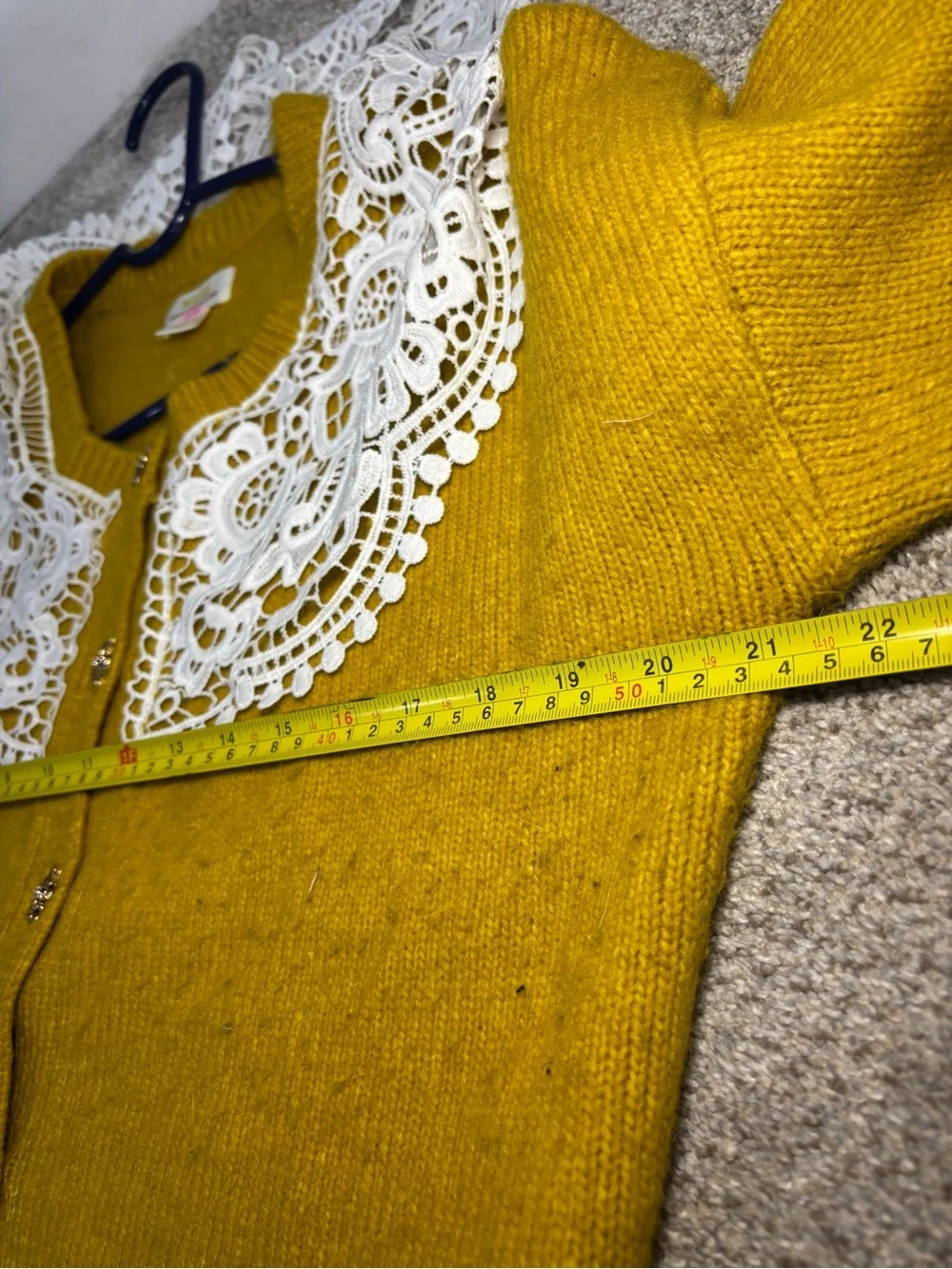 RARE Anthropologie Maeve Mustard Yellow Lace Collar Cardigan Sweater Size M
